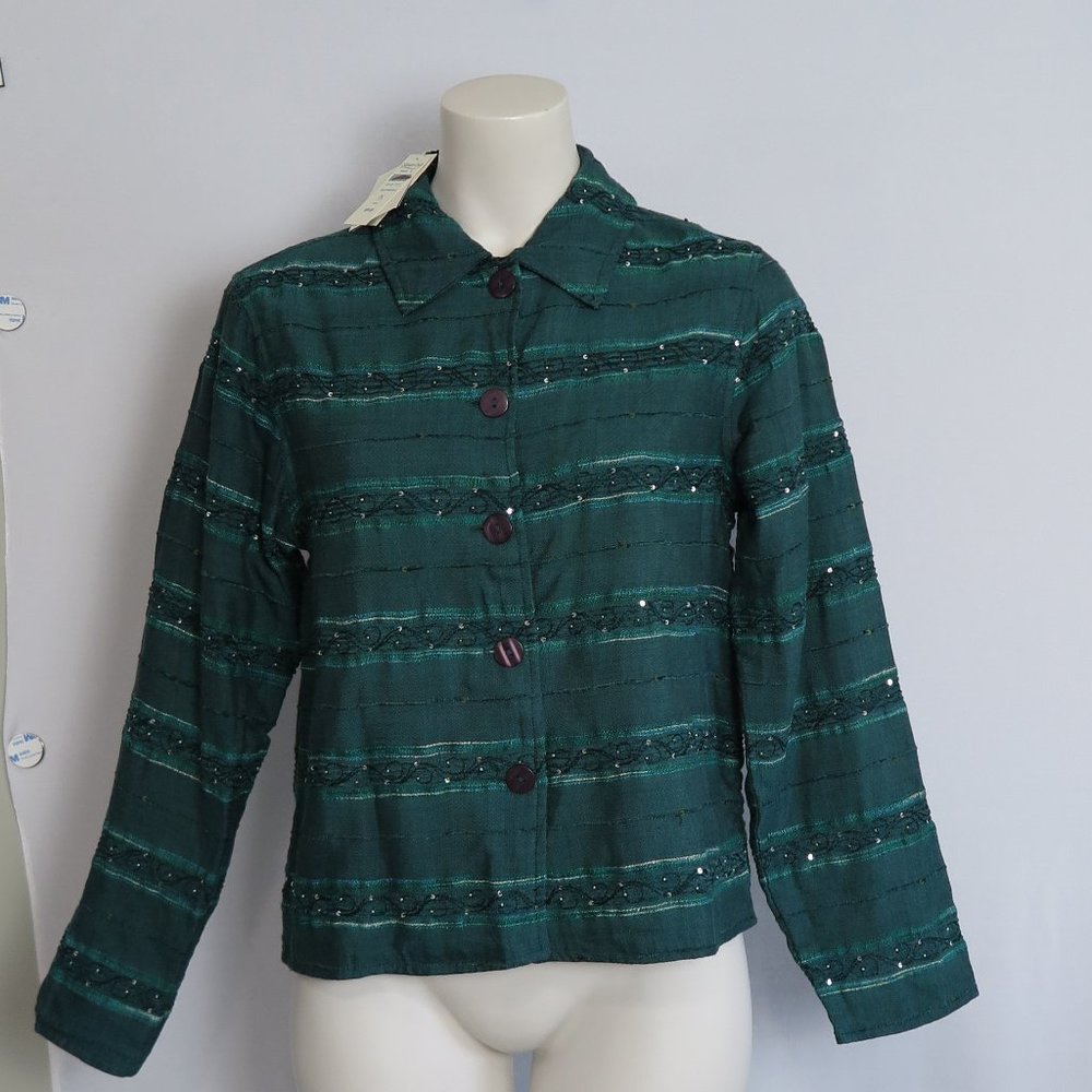 NWT Coldwater Creek Reversible Deep Teal Tonal Stripe Jacket Size PS - Picture 3 of 7
